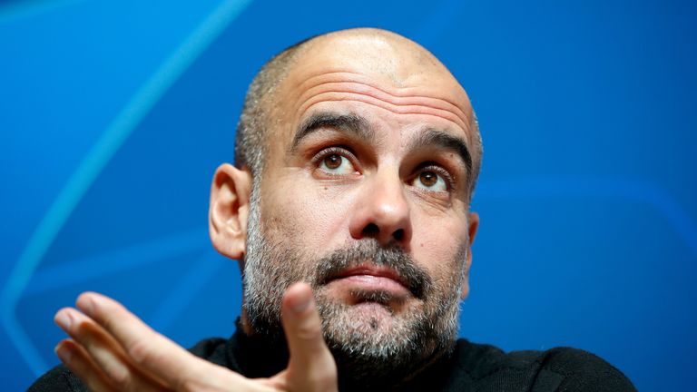 Pep Guardiola during a Manchester City press conference at the City Football Academy
