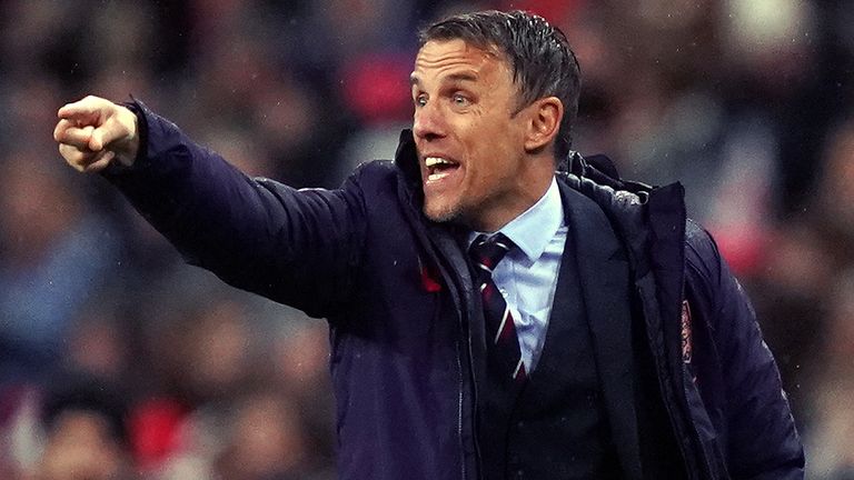 England Women's manager Phil Neville gestures on the touchline during the 2-1 defeat to Germany Women at Wembley