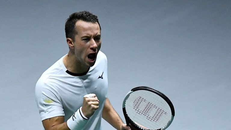 Germany's Philipp Kohlschreiber reacts during his singles tennis match against Chile's Nicolas Jarry at the Davis Cup Madrid Finals 2019 in Madrid on November 21, 2019