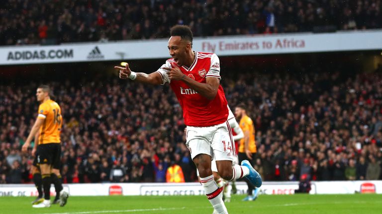 Pierre-Emerick Aubameyang celebrates his opener against Wolves