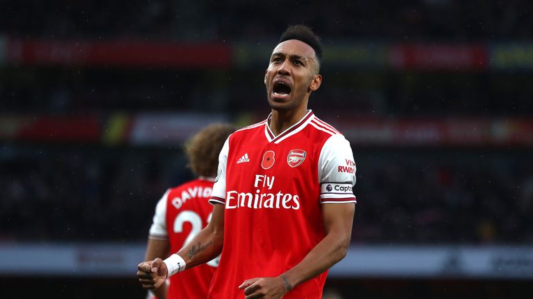 Pierre-Emerick Aubameyang celebrates after putting Arsenal ahead at home to Wolves