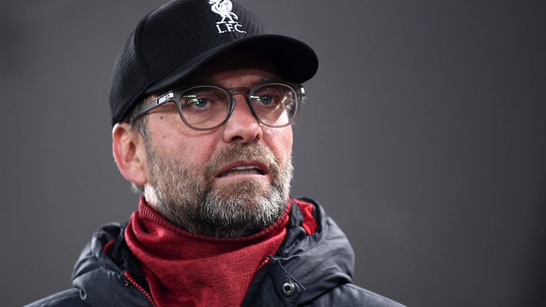 Jurgen Klopp, Manager of Liverpool looks on prior to the UEFA Champions League group E match between Liverpool FC and KRC Genk at Anfield on November 05, 2019 in Liverpool, United Kingdom. 