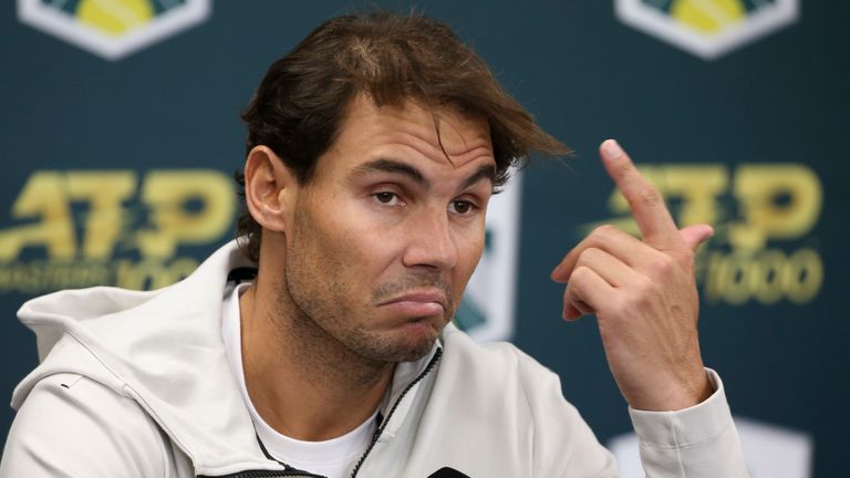 Rafael Nadal of Spain speaks in a press conference after withdrawing injured from his mens Semifinal match against Denis Shapovalov of Canada during Day six of the Rolex Paris Masters at AccorHotels Arena on November 02, 2019 in Paris, France