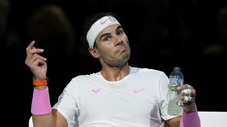 Rafael Nadal of Spain reacts as he sits down during a change of ends in his singles match against Alexander Zverev of Germany during Day Two of the Nitto ATP World Tour Finals at The O2 Arena on November 11, 2019 in London, England