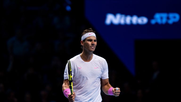 Rafael Nadal of Spain celebrates during his match against Daniil Medvedev of Russia during Day Four of the Nitto ATP World Tour Finals at The O2 Arena on November 13, 2019 in London, England.