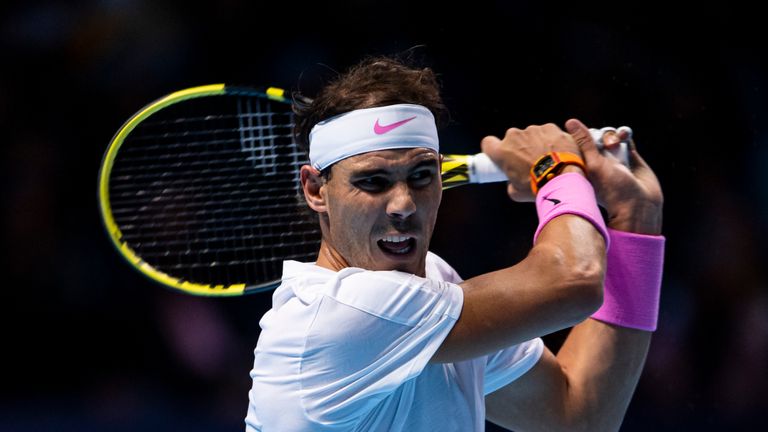 Rafael Nadal in action at The O2 Arena during the ATP Finals 2019