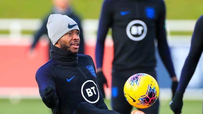 England&#39;s Raheem Sterling takes part in training at St George&#39;s Park on Wednesday morning