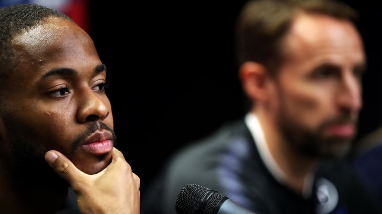 Gareth Southgate and Raheem Sterling during a press conference prior to England&#39;s Euro Qualifier against Czech Republic in October