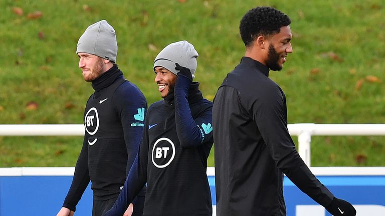 Raheem Sterling and Joe Gomez during England training on Tuesday morning