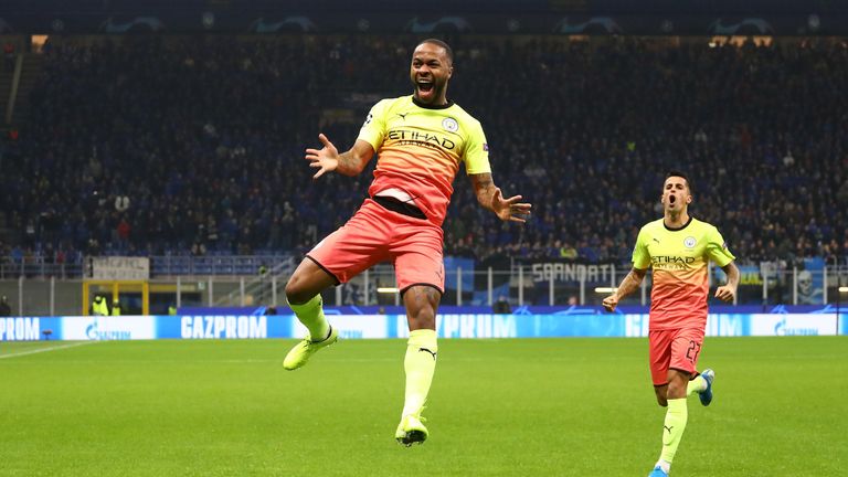 Raheem Sterling celebrates after scoring for Manchester City against Atalanta