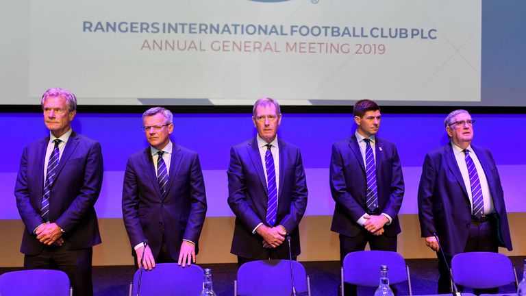 Managing Director Stewart Robertson, Chairman Dave King, Manager Steven Gerrard at the Rangers AGM at the Clyde Auditorium on November 26,