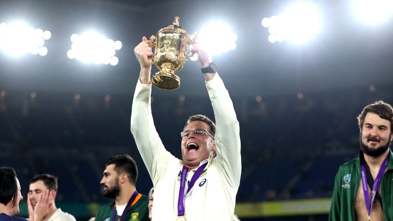YOKOHAMA, JAPAN - NOVEMBER 02: Rassie Erasmus, Head Coach of South Africa celebrates with the Web Ellis Cup following their victory against England in the Rugby World Cup 2019 Final between England and South Africa at International Stadium Yokohama on November 02, 2019 in Yokohama, Kanagawa, Japan. (Photo by David Rogers/Getty Images)