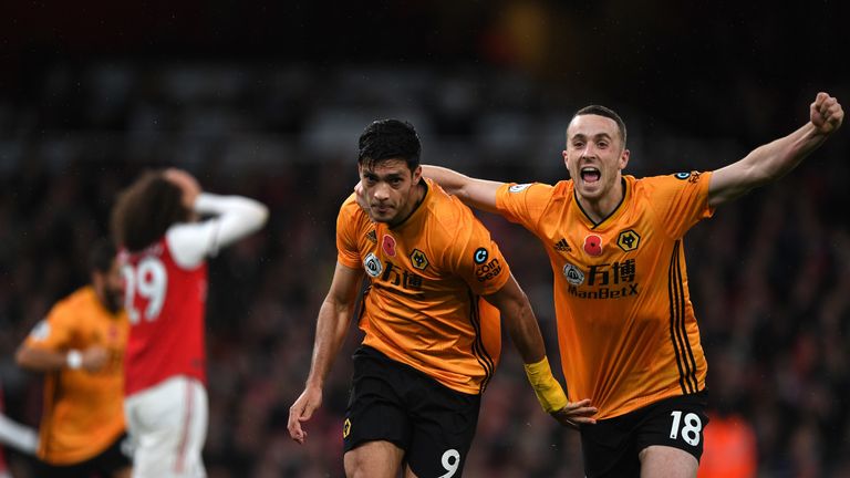 Wolves striker Raul Jimenez celebrates after scoring the equaliser against Arsenal at the Emirates Stadium