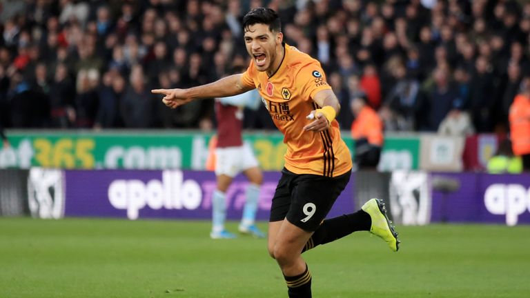 Raul Jimenez celebrates scoring Wolves' second goal against Aston Villa