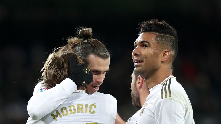 Gareth Bale celebrates with Real Madrid team-mates as they beat Real Sociedad 