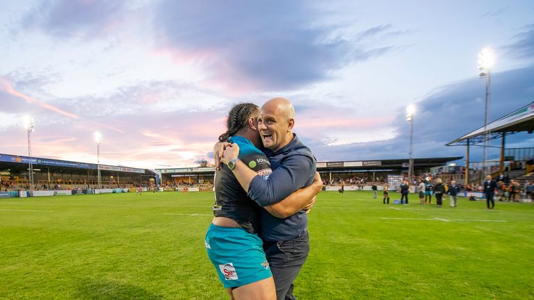 Picture by Allan McKenzie/SWpix.com - 05/07/2019 - Rugby League - Betfred Super League - Castleford Tigers v Leeds Rhinos - the Mend A Hose Jungle, Castleford, England - Leeds's coach Richard Agar Konrad Hurrell after victory over Castleford.