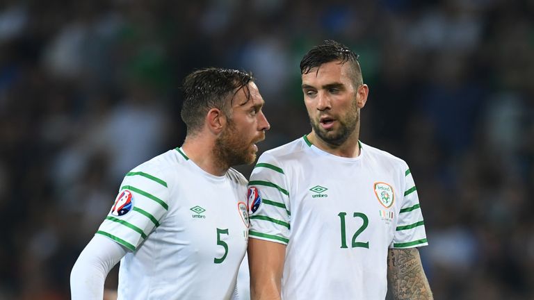 Richard Keogh (l) and Shane Duffy in action for the Republic of Ireland against Italy at Euro 2016 in France