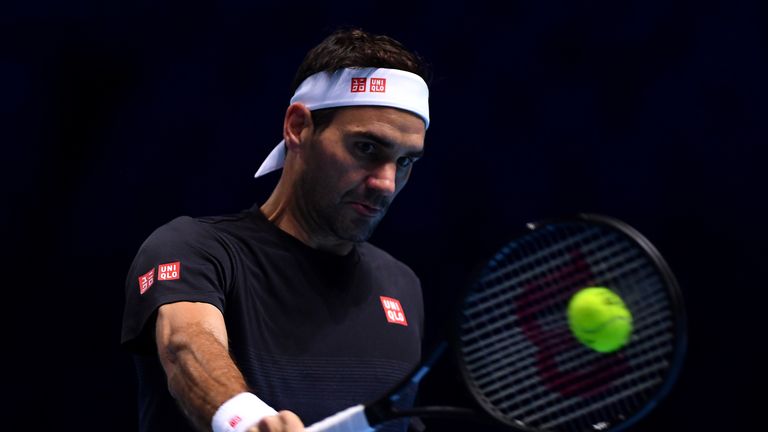 Roger Federer of Switzerland plays a backhand during practice ahead of the Nitto ATP World Tour Finals at The O2 Arena on November 09, 2019 in London, England.