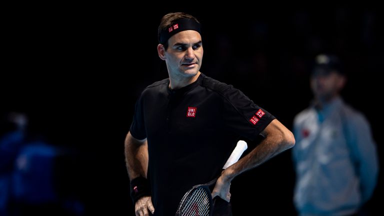 Roger Federer of Switzerland looks at one of the line judges while disputing a line call during his match against Dominic Thiem of Austria during Day one of the Nitto ATP World Tour Finals at The O2 Arena on November 10, 2019 in London, England.