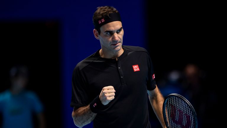 Roger Federer of Switzerland celebrates during his match against Matteo Berrettini of Italy during Day three of the Nitto ATP World Tour Finals at The O2 Arena on November 12, 2019 in London, England. 