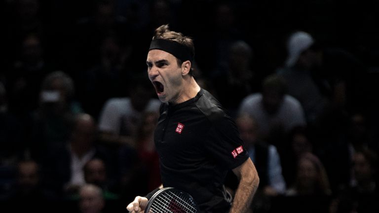 Roger Federer of Switzerland celebrates match point in his singles match against Novak Djokovic of Serbia during Day Five of the Nitto ATP World Tour Finals at The O2 Arena on November 14, 2019 in London, England.
