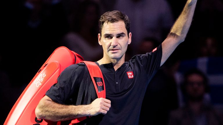 Roger Federer of Switzerland acknowledges the fans as he leaves the court after his semi-final singles match against Stefanos Tsitsipas of Greece during Day Seven of the Nitto ATP World Tour Finals at The O2 Arena on November 16, 2019 in London, England.