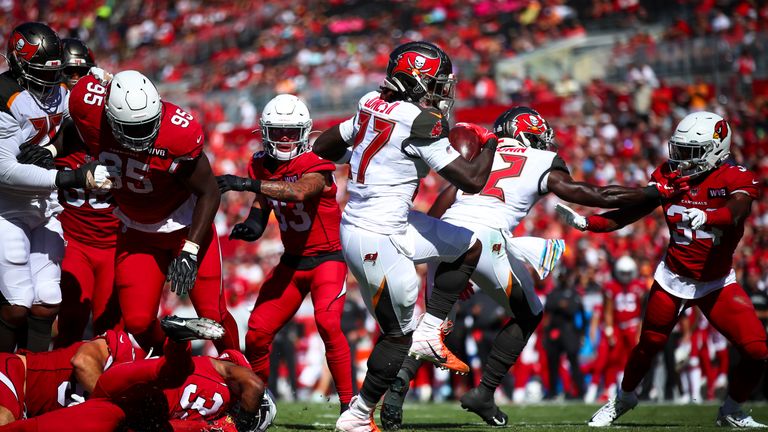 Ronald Jones of the Tampa Bay Buccaneers crosses the goal line to score a touchdown in the first quarter the game against the Arizona Cardinals