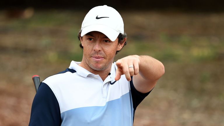 Rory McIlroy of Northern Ireland gestures during the DP World Tour Championship at Jumeirah Golf Estates in Dubai on November 21, 2019. - McIlroy, a three-time winner of the Race to Dubai, says he is fine with the fact that he cannot become the European Tour&#39;s number one for a fourth time this week at the DP World Tour Championship. 