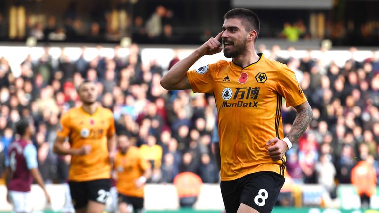 Wolves' Ruben Neves celebrates after scoring against Aston Villa