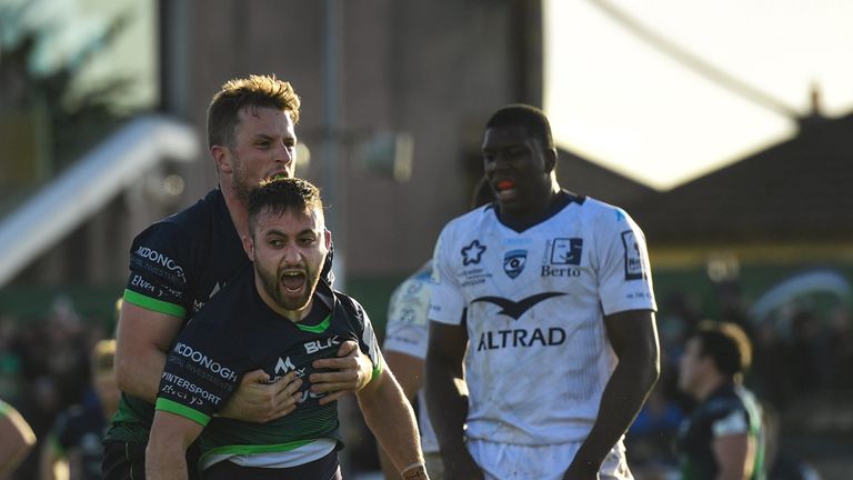 Caolin Blade is congratulated after scoring Connacht's third try