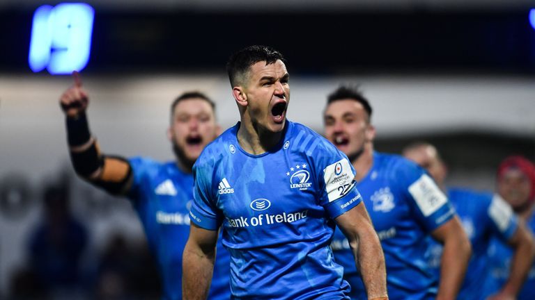Johnny Sexton celebrates after scoring Leinster's bonus-point try against Benetton