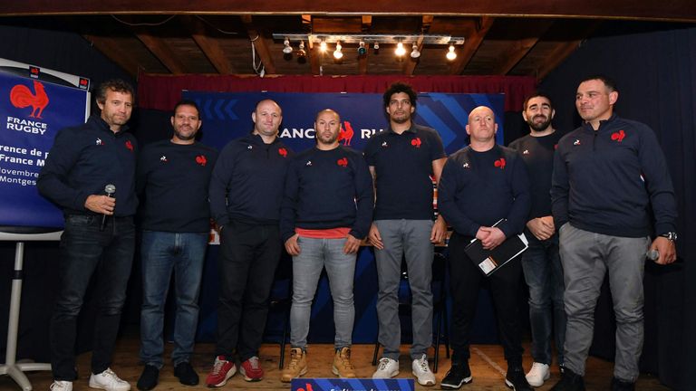 Fabien Galthie introduces the new staff of the French rugby team with Laurent Labit, William Servat, Thibault Giroud, Karim Ghezal, Shaun Edwards, Nicolas Buffa and France's manager Raphael Ibanez 