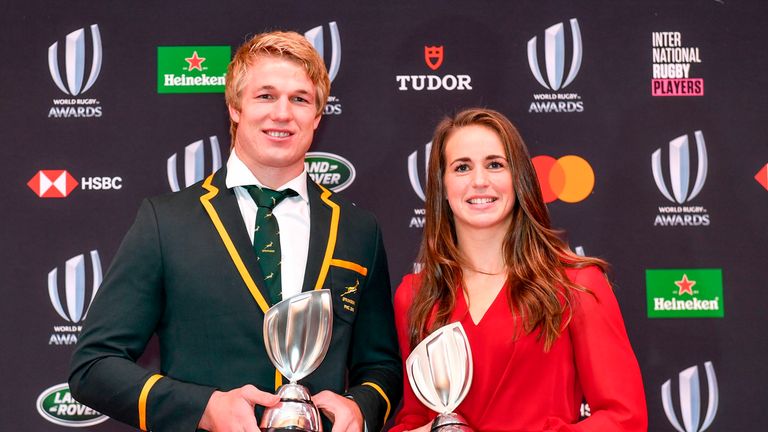World Rugby Mens 15s Player of the Year award winner Pieter-Steph du Toit of South Africa (L) and Womens 15s Player of the Year award winner Emily Scarratt of England