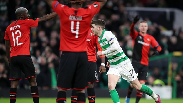 Ryan Christie celebrates doubling Celtic's lead on Thursday against Rennes