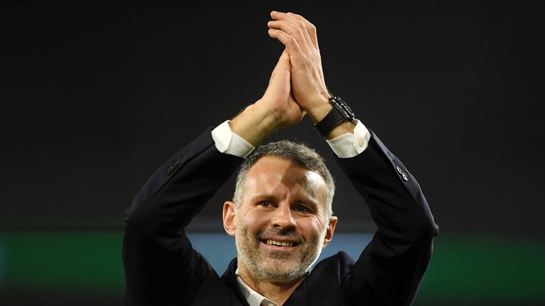 Ryan Giggs, Head Coach of Wales shows his appreciation to the fans after the UEFA Euro 2020 qualifier between Wales and Hungary so at Cardiff City Stadium on November 19, 2019 in Cardiff, Wales. 