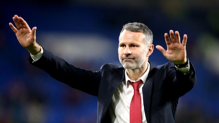 Wales' manager Ryan Giggs acknowledges the fans after they qualified for Euro 2020 with a 2-0 win over Hungary