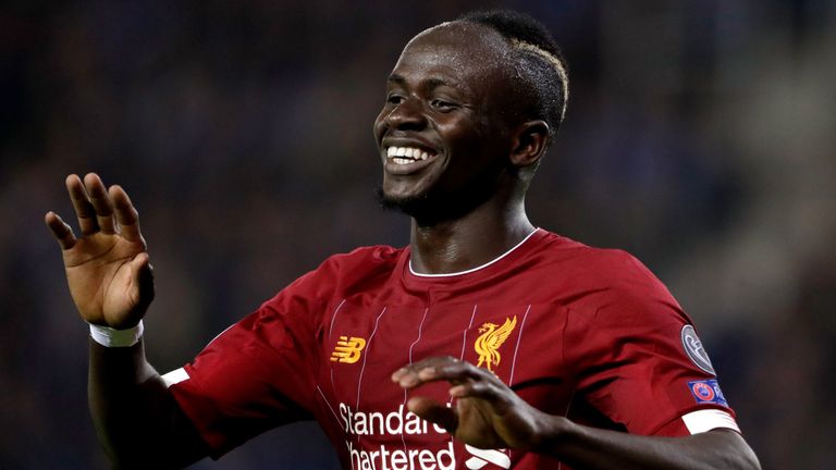 Sadio Mane celebrates scoring for Liverpool in the Champions League