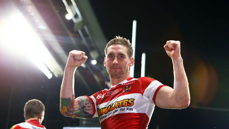 Picture by Alex Whitehead/SWpix.com - 05/10/2013 - Rugby League - Super League Grand Final 2013 - Warrington Wolves v Wigan Warriors - Old Trafford, Manchester, England - Wigan's Sam Tomkins celebrates the victory.