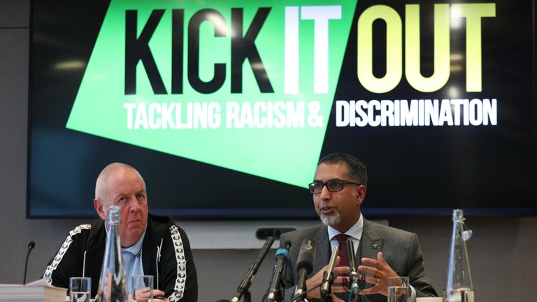 Kevin Miles and Sanjay Bhandari during the Kick It Out press conference at Pinsent Masons, London.