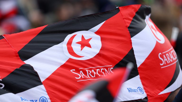 Saracens flags fly during the Gallagher Premiership Rugby match between Saracens and Newcastle Falcons at Allianz Park on April 06, 2019 in Barnet, United Kingdom