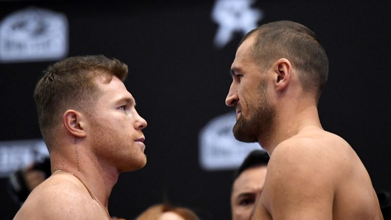 Boxer Canelo Alvarez (L) and WBO light heavyweight champion Sergey Kovalev face off during their official weigh-in at MGM Grand Garden Arena on November 1, 2019 in Las Vegas, Nevada