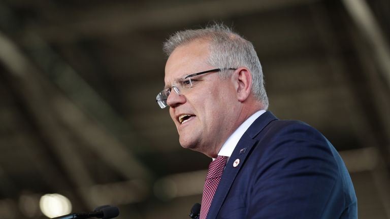 Australian Prime Minister Scott Morrison speaks during the Qantas celebration of the arrival of London To Sydney direct flight and centenary event on November 15, 2019 in Sydney, Australia. The centenary celebrations marks Qantas entering its 100th year of service, along with the arrival of Project Sunrise research flight QF7879 direct from London into Sydney. It is only the second time in 30 years that this route has been flown directly