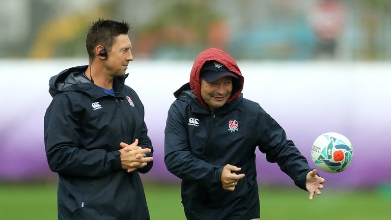 Scott Wisemantel (l) and Eddie Jones at England training session at Rugby World Cup in Japan