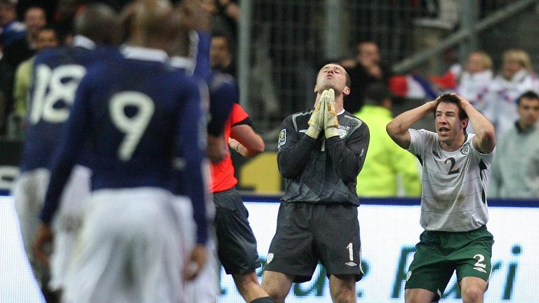 St Ledger (right) remonstrates with Shay Given after the handball