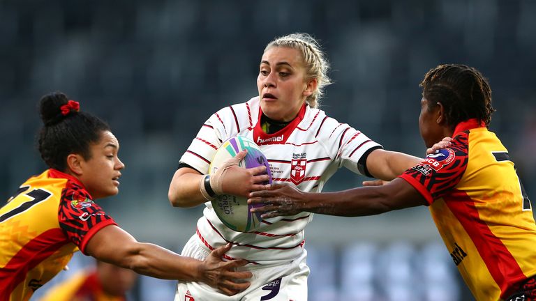 SYDNEY, AUSTRALIA - OCTOBER 18: Sinead Peach of England is tackled during the round one Women's Rugby League World Cup 9s match between England and Papua New Guinea at Bankwest Stadium on October 18, 2019 in Sydney, Australia. (Photo by Matt Blyth/Getty Images)
