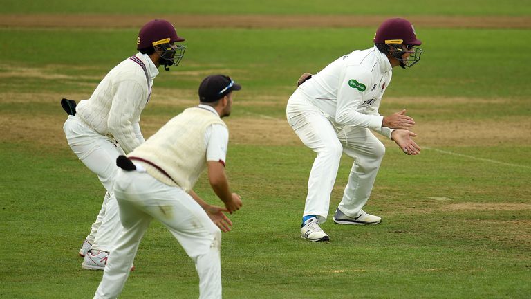 Marcus Trescothick of Somerset(R) fields during Day Four of the Specsavers County Championship Division One match between Somerset and Essex at The Cooper Associates County Ground on September 26, 2019 in Taunton, England. 
