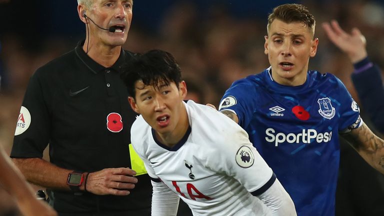 Son Heung-Min initially appeared to be booked after his tackle on Andre Gomes