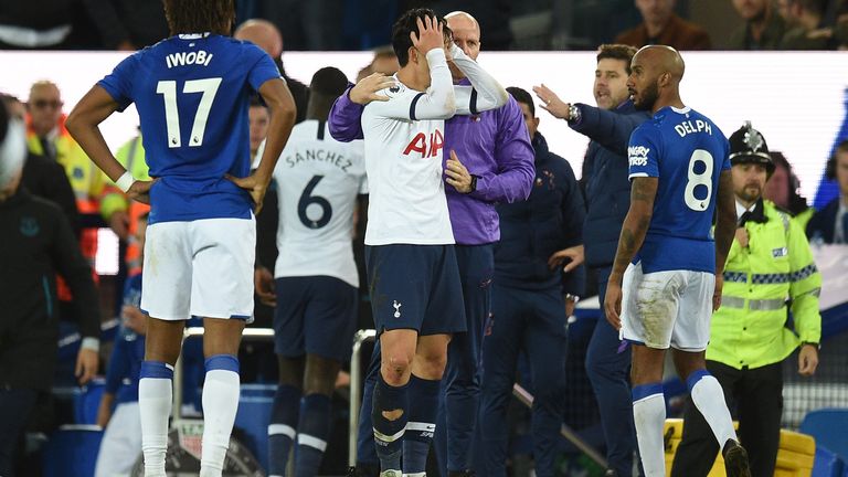 Tottenham's Heung-Min Son is distraught following the injury to Andre Gomes against Everton