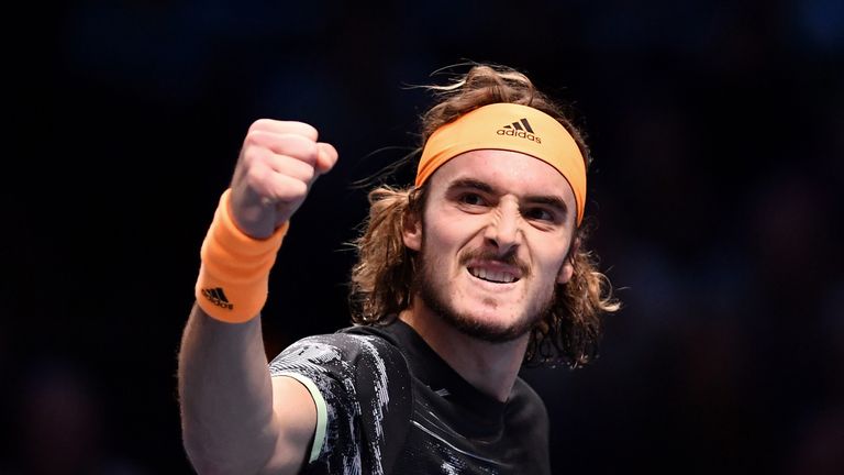 Stefanos Tsitsipas of Greece celebrates victory after his singles match against Daniil Medvedev of Russia during Day Two of the Nitto ATP World Tour Finals at The O2 Arena on November 11, 2019 in London, England