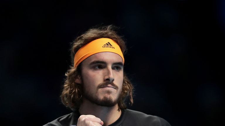 Stefanos Tsitsipas of Greece celebrates in his singles match against Alexander Zverev of Germany during Day Four of the Nitto ATP World Tour Finals at The O2 Arena on November 13, 2019 in London, England.